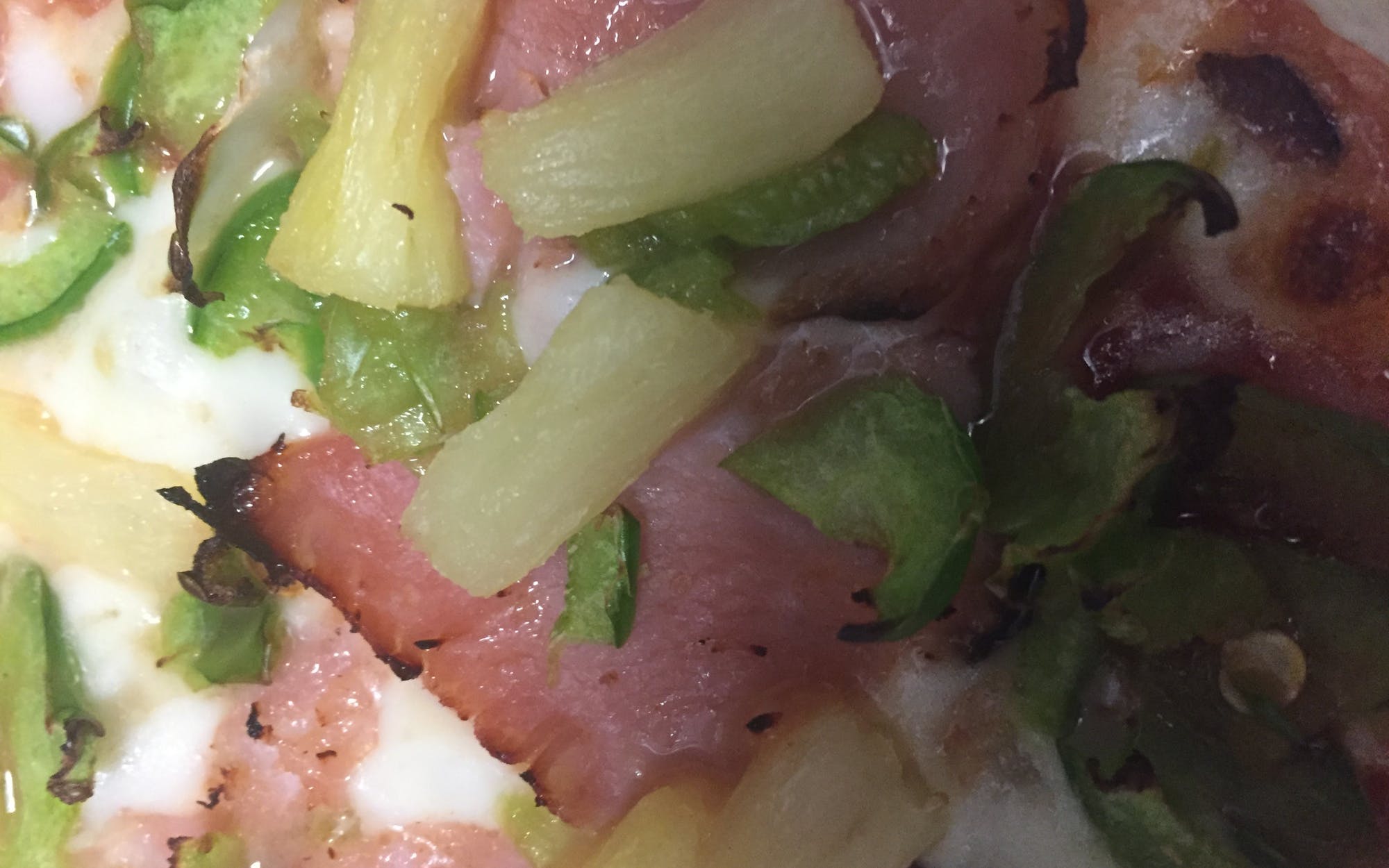 Green Peppers, Pizza Sauce, Smoked Ham, Mozzarella Cheese, Pineapple and Crumbled Bacon